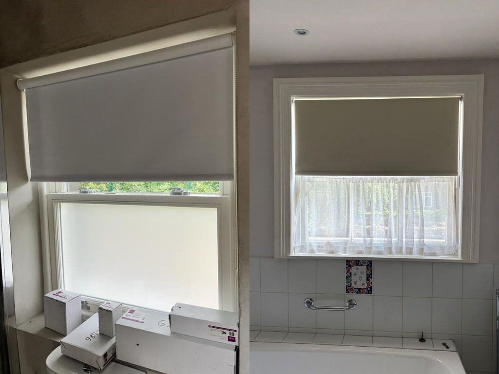 Best blinds for bathrooms: white waterproof roller blind fitted on a bathroom window in Co. Meath